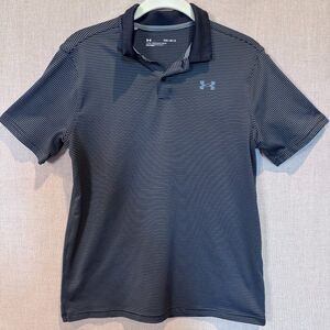 Under Armour Youth Large Polo Shirt Black Gray Striped Loose Fit Golf Activewear